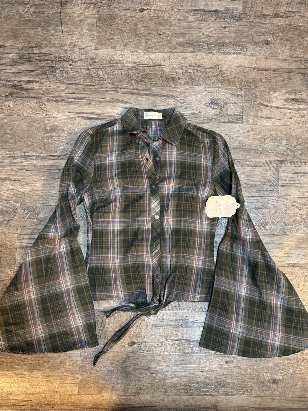 Altar’d State Green and Pink Plaid Bell Sleeve Button Down Top with Front Tie